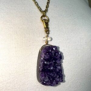 Pound Jewlery Large Amethyst Quartz Raw Necklace gold plated chain adjustable.